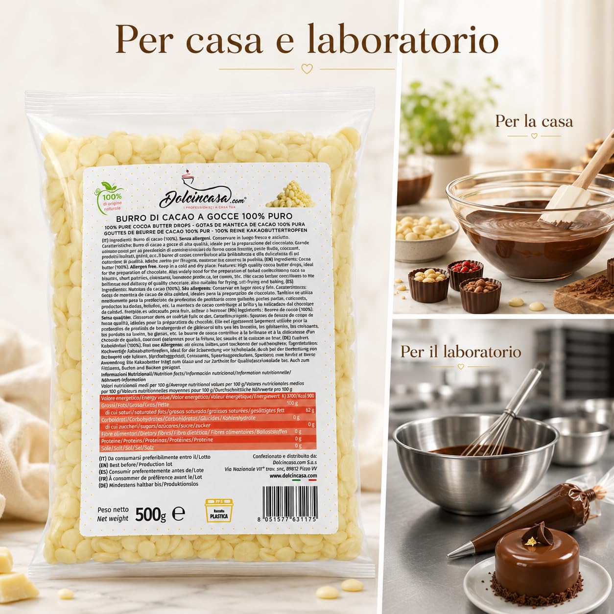 Dolcincasa Burro di Cacao a Gocce 100% Puro 500 g, per Cioccolato, Dolci da Forno, Biscotti, Frolle, Croissant e Pasticceria
