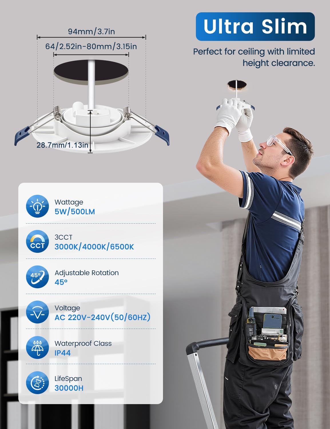 Spot LED Encastrable 5W, Lot de 12 Spot Led Extra Plat 500lm Orientable, Blanc Chaud Blanc Neutre Blanc Froid, Trou 64-80mm 230V Plafonnier Encastré Pour Salle de Bain Cuisine Salon Couloir