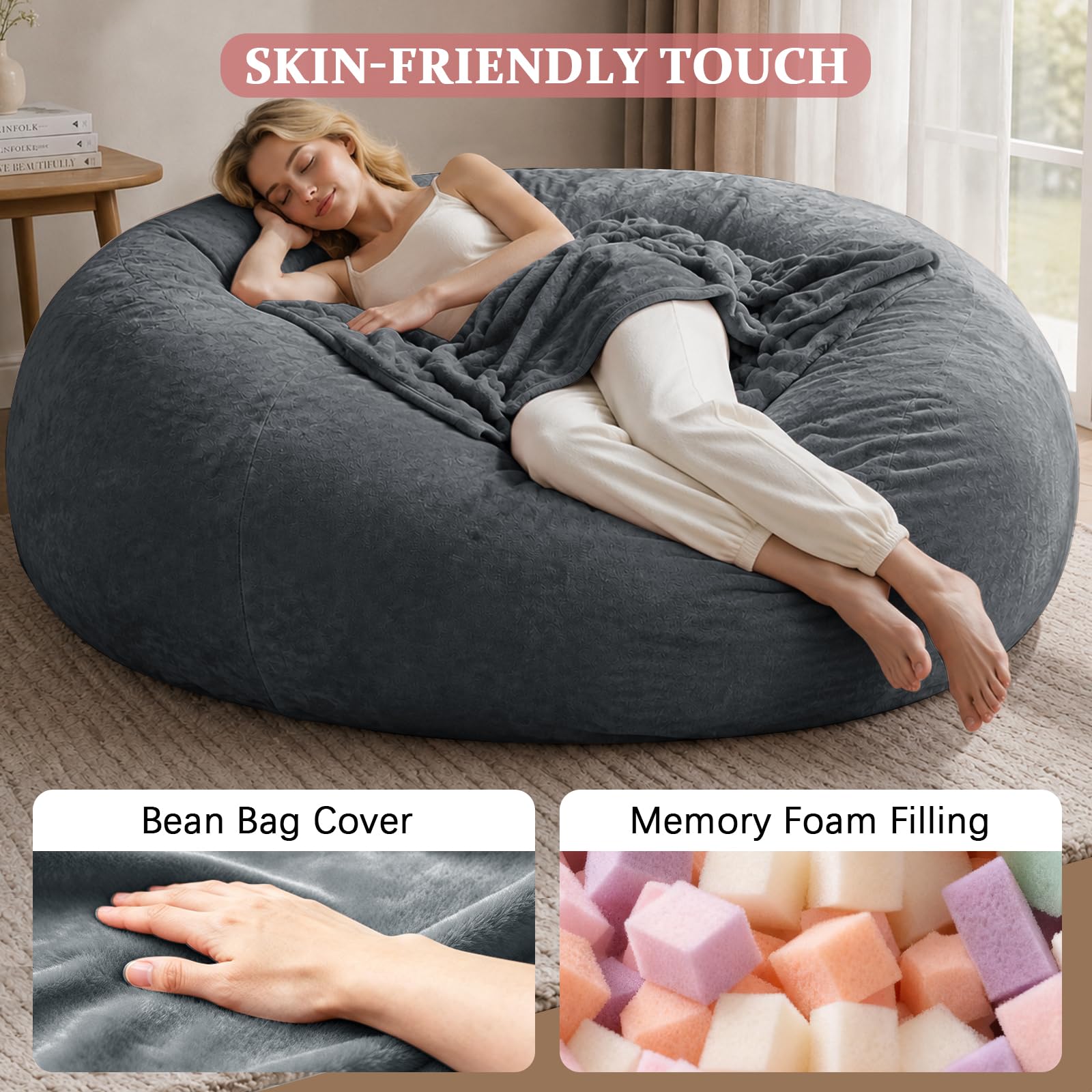 Chaises Big Bean Bag pour Adultes,Sac de Haricot avec Remplissage Inclus,Mousse,géant,Convient aux chaises de Lecture dans Le Salon,la Chambre et Le dortoir. (Dark Gray, 6FT)