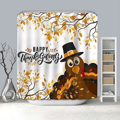 Miniatura 6 de Mocsicka Cortina de ducha de Acción de Gracias, diseño de pavo y hojas de otoño, cortina de ducha de baño, cortina de baño de 72 x 72 pulgadas con