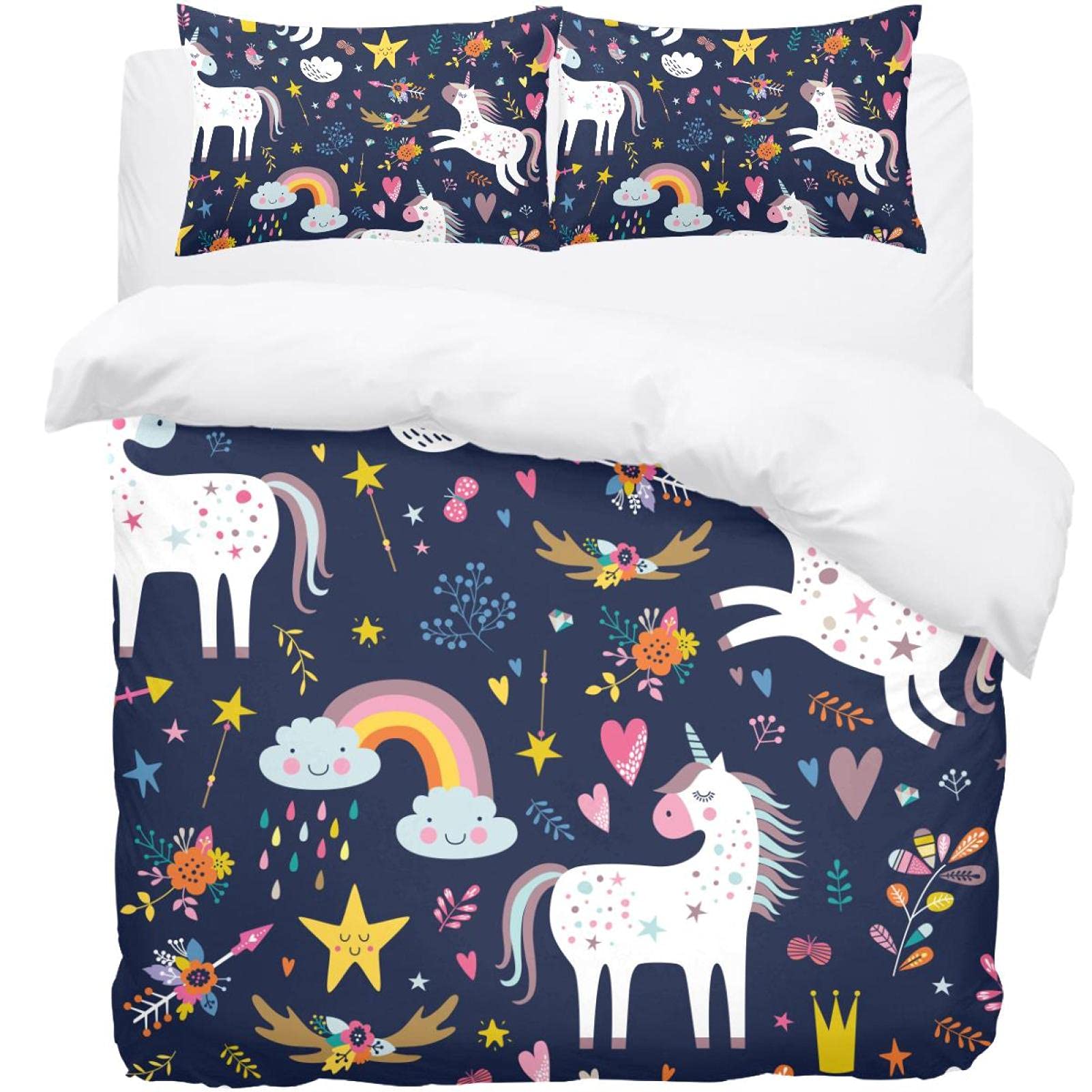 Housse de couette licorne et étoiles avec taie d'oreiller lit enfant