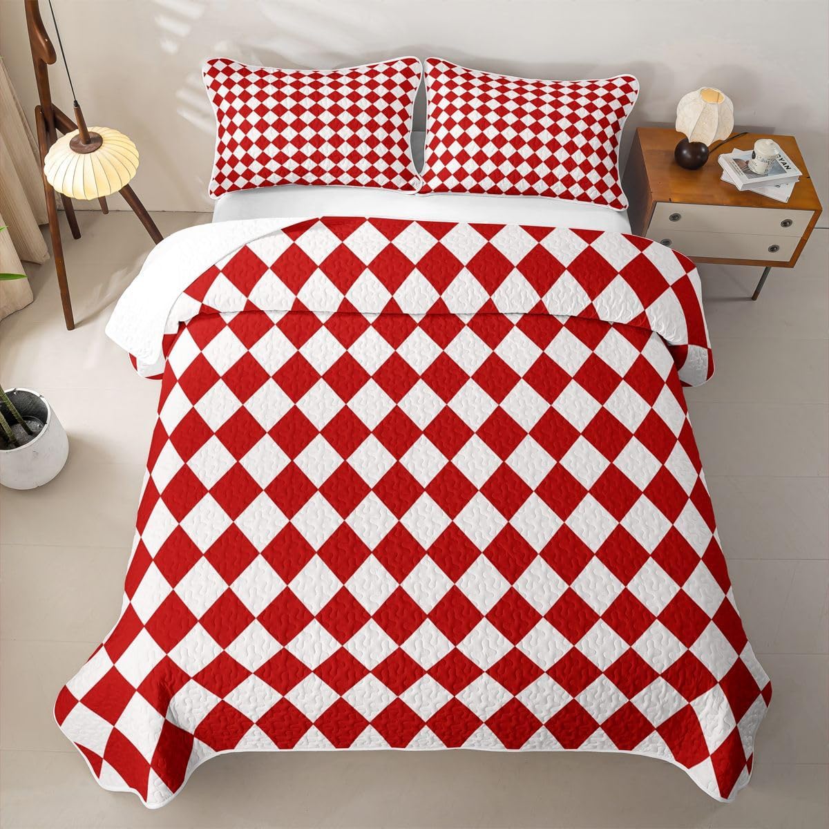 Feelyou Red White Checkered Quilt Set 3 Pieces Kids Bedding Queen