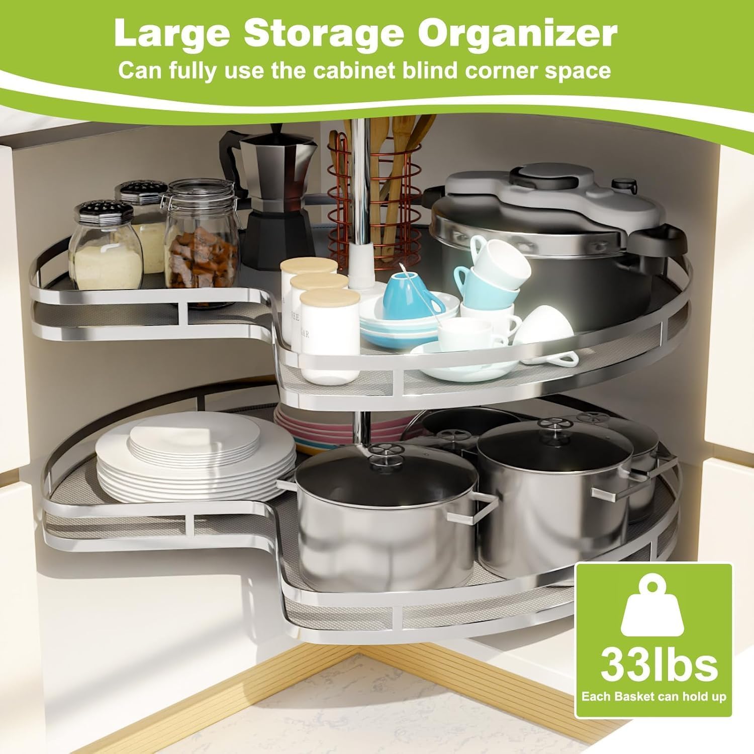 Blind Corner Cabinet Kidney Lazy Susan, Soft Close Rotary Cabinet Organizer 32inch, Corner Cabinet Lazy Susan for Blind Shelf, Adjustable Height, 2 Tiers Tray