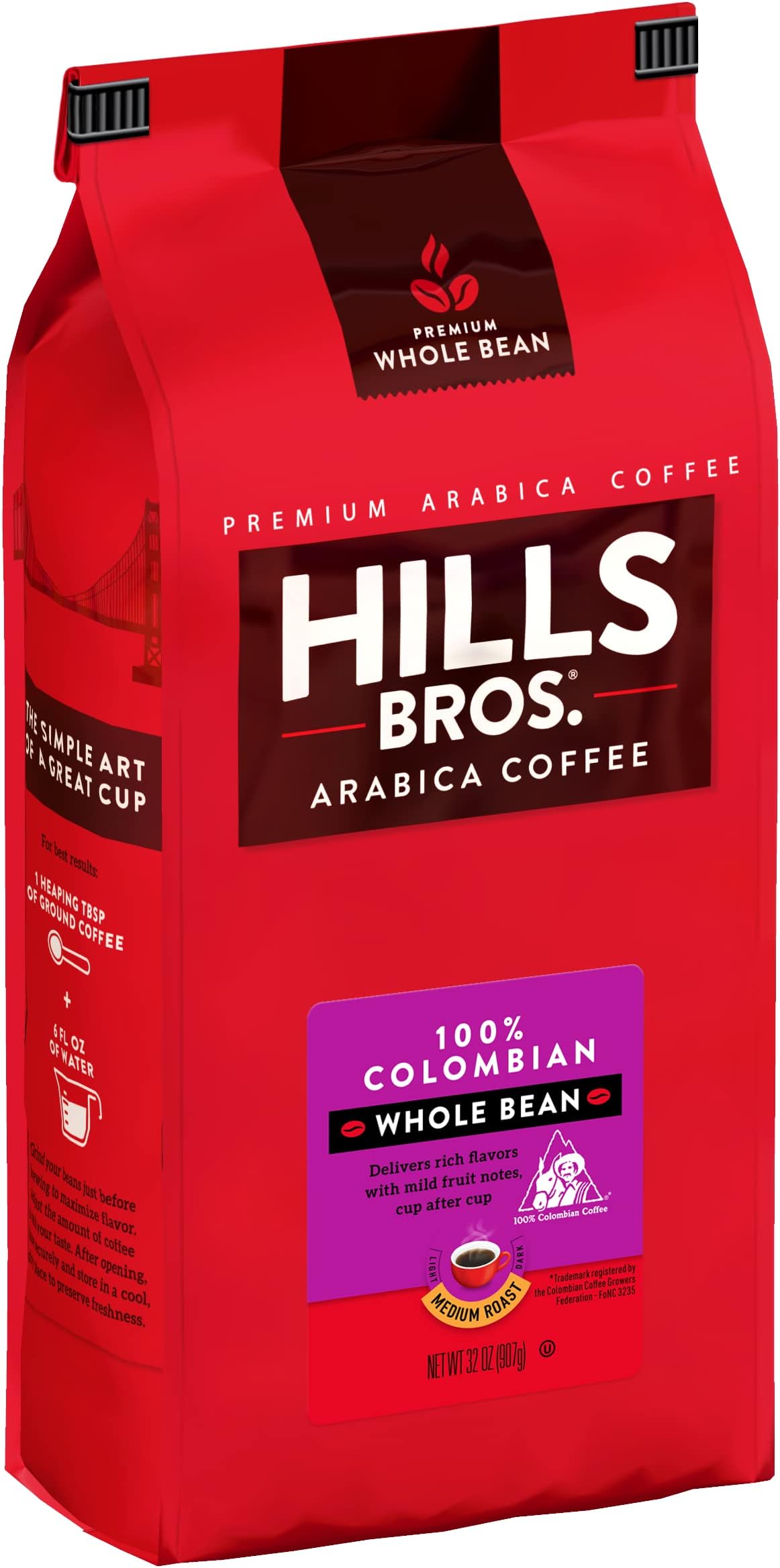 Hills Bros. Colombian Whole Bean Coffee โ Rich and Bold Premium Arabica Coffee Beans โ Orthodox Union Kosher โ Medium Roast, Fresh Grind for Best Aroma & Taste โ Colombian, 1 Pack of 32oz