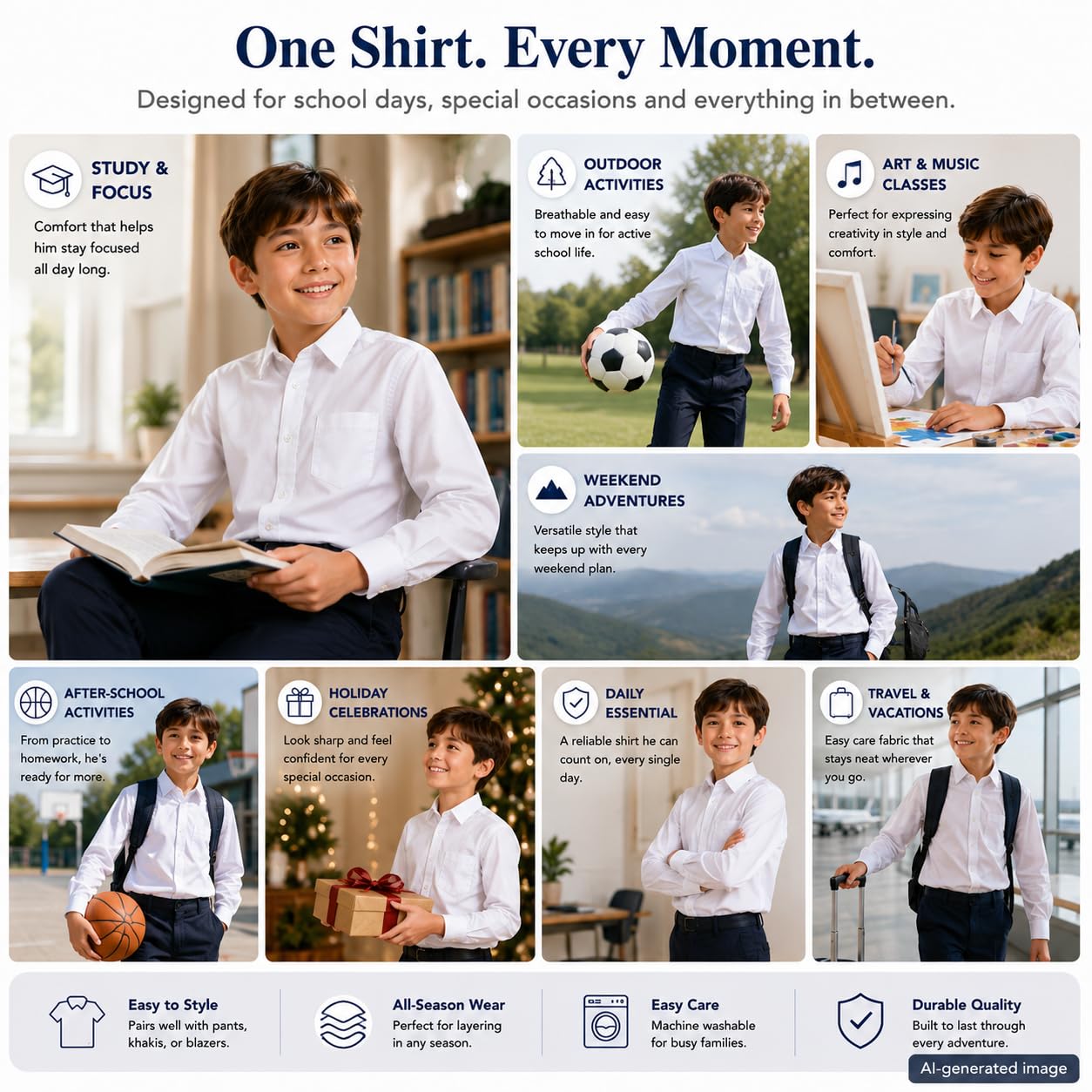 Bienzoe - Camisa Oxford de manga larga con botones para niño - Blanco - (10- 11 años)