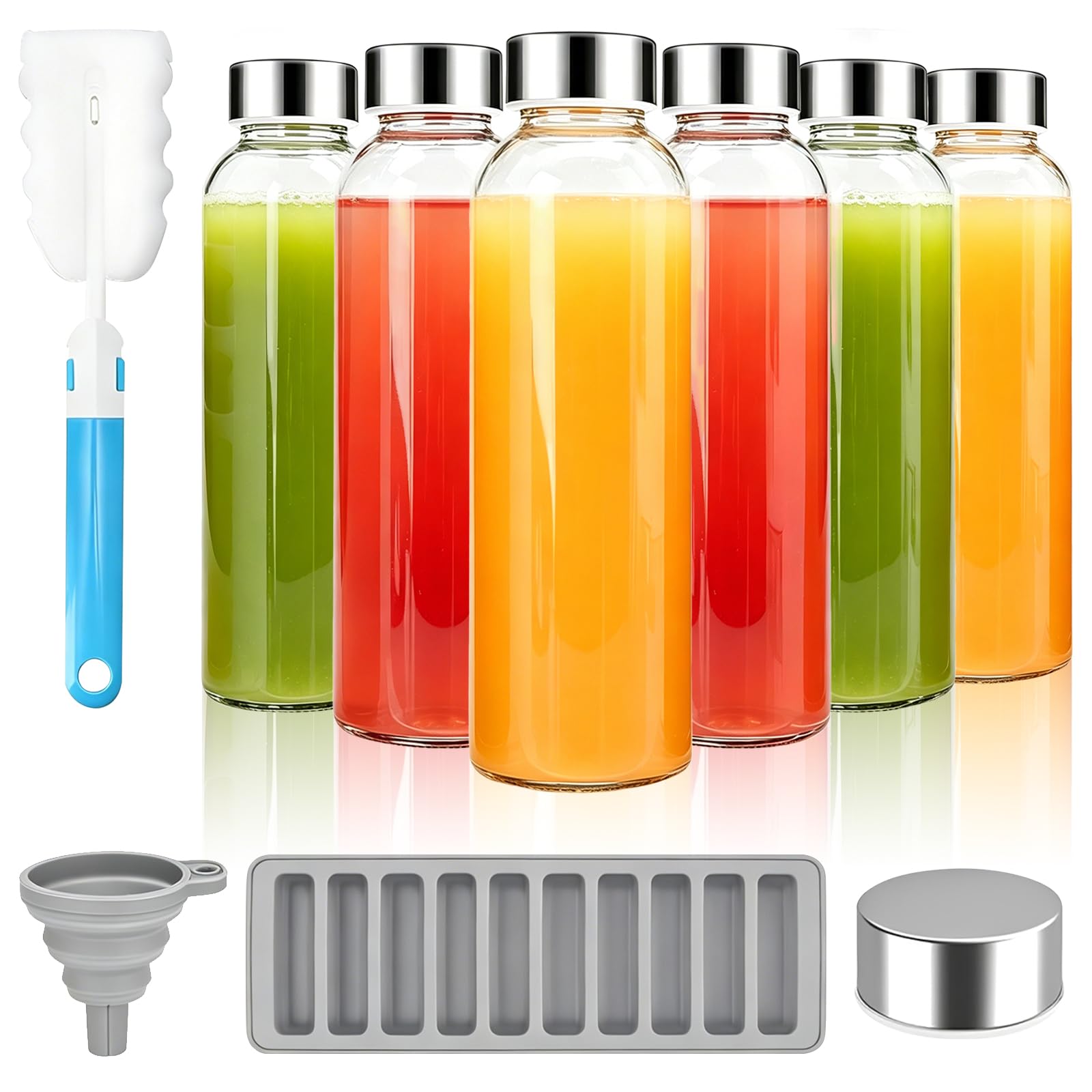 6 Pack Glass Bottles with Lids, 500ml Clear Glass Juice Bottles, Reusable Leakproof Bottle, with Stainless Steel Airtight Lid, Cleaning Brush, Funnel, Ice Stick Tray,for Water,Milk,Juice and Smoothies