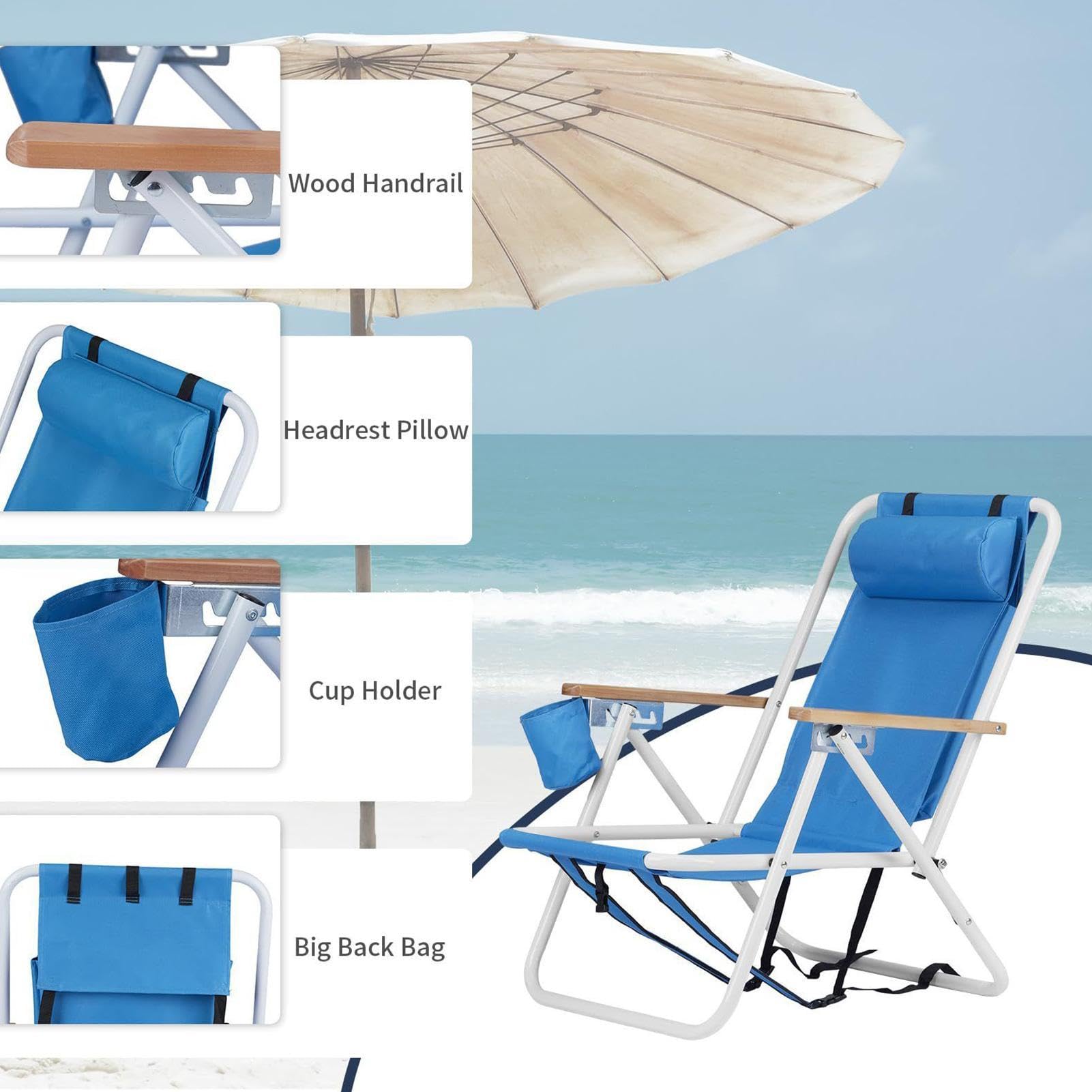 Generico Rucksack Strandstühle | Verstellbare Kopfstütze Outdoor Klappstuhl | Leichter Und Tragbarer Liegestuhl Mit Getränkehalter Für Erwachsene Für Rasen Sand Sommer Outdoor Picknick Und Reisen