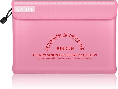 JUNDUN Fireproof Document Bag with Velcro Cover 5200F Waterproof | 14.0x10.4 Fireproof Money Bag,8 Layers Thickened Fire Safe Storage Bag Pouch with Zipper for Document,Money ,Pink