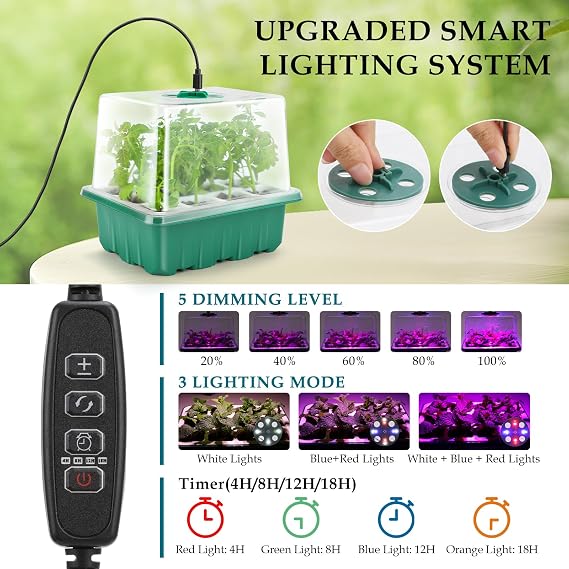 Seed Starter Tray with Grow Light, 60 Flexible Cells 5 PCS Seed Starter Kit, Reusable Seedling Starter Trays with Humidity Dome and High Lid, Germination Trays for Indoor Greenhouse Seed Starter