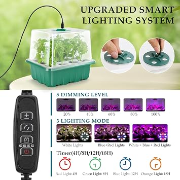 Seed Starter Tray with Grow Light, 60 Flexible Cells 5 PCS Seed Starter Kit, Reusable Seedling Starter Trays with Humidity Dome and High Lid, Germination Trays for Indoor Greenhouse Seed Starter