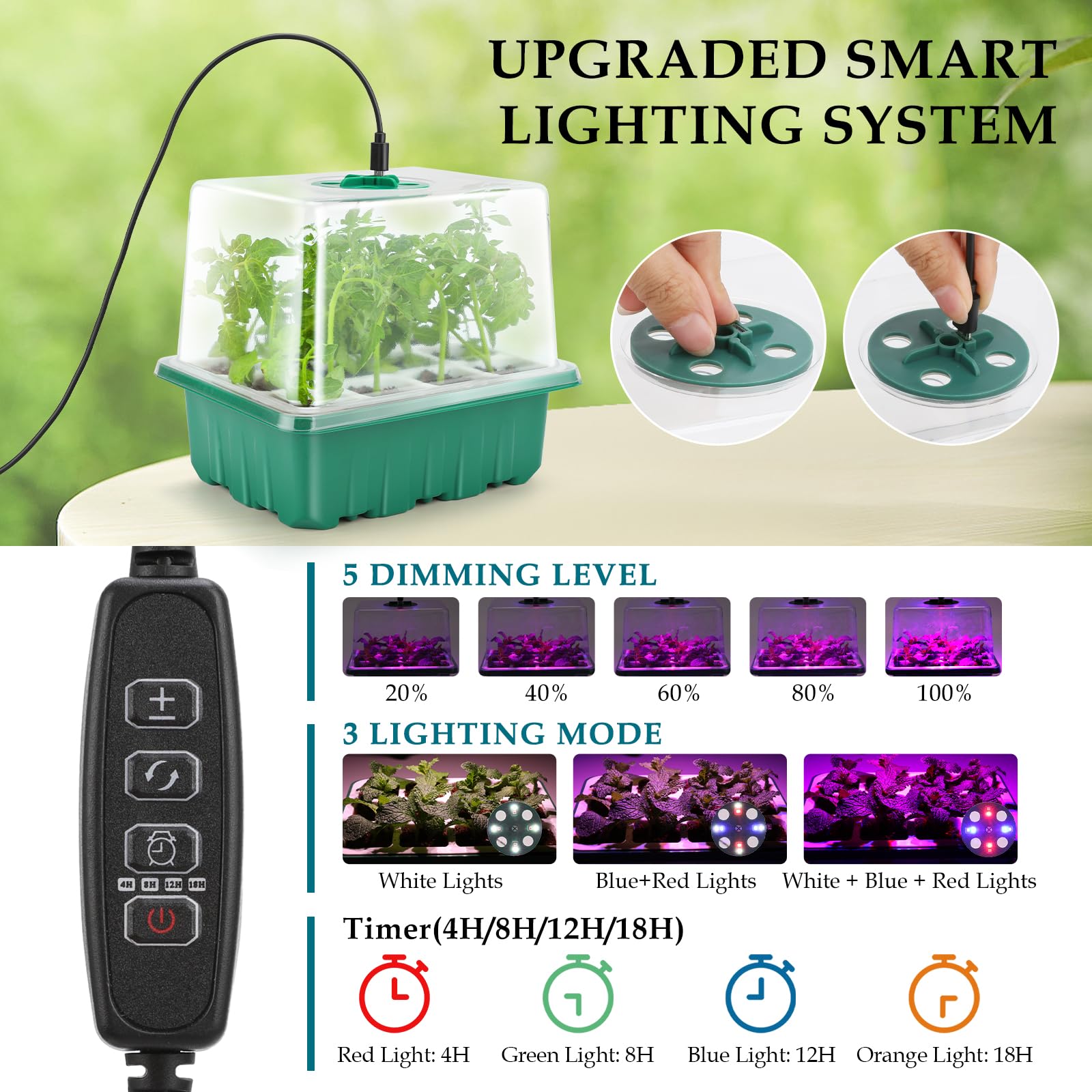 Bandeja de inicio de semillas con luz de crecimiento, 60 celdas flexibles, 5 piezas de kit de iniciación de semillas, bandejas reutilizables para inicio de plántulas con cúpula de humedad y tapa alta,