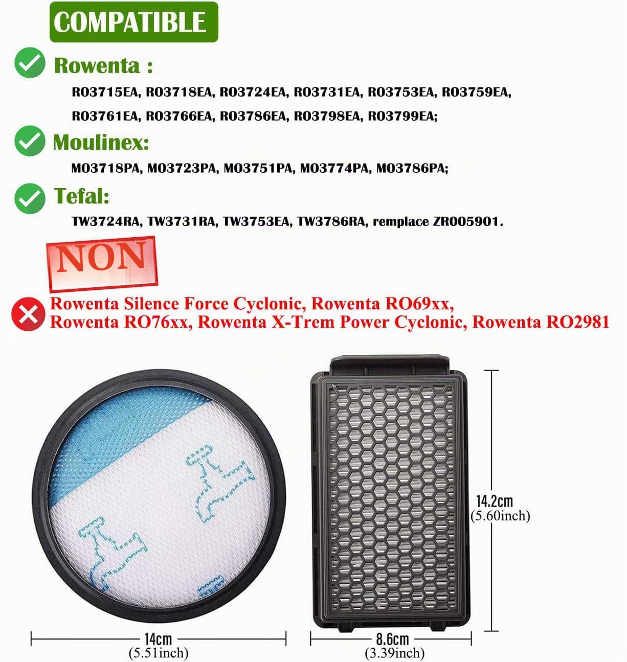 4 Filtres pour Aspirateurs Rowenta ZR005901 Moulinex Tefal Compact Power Cyclonic