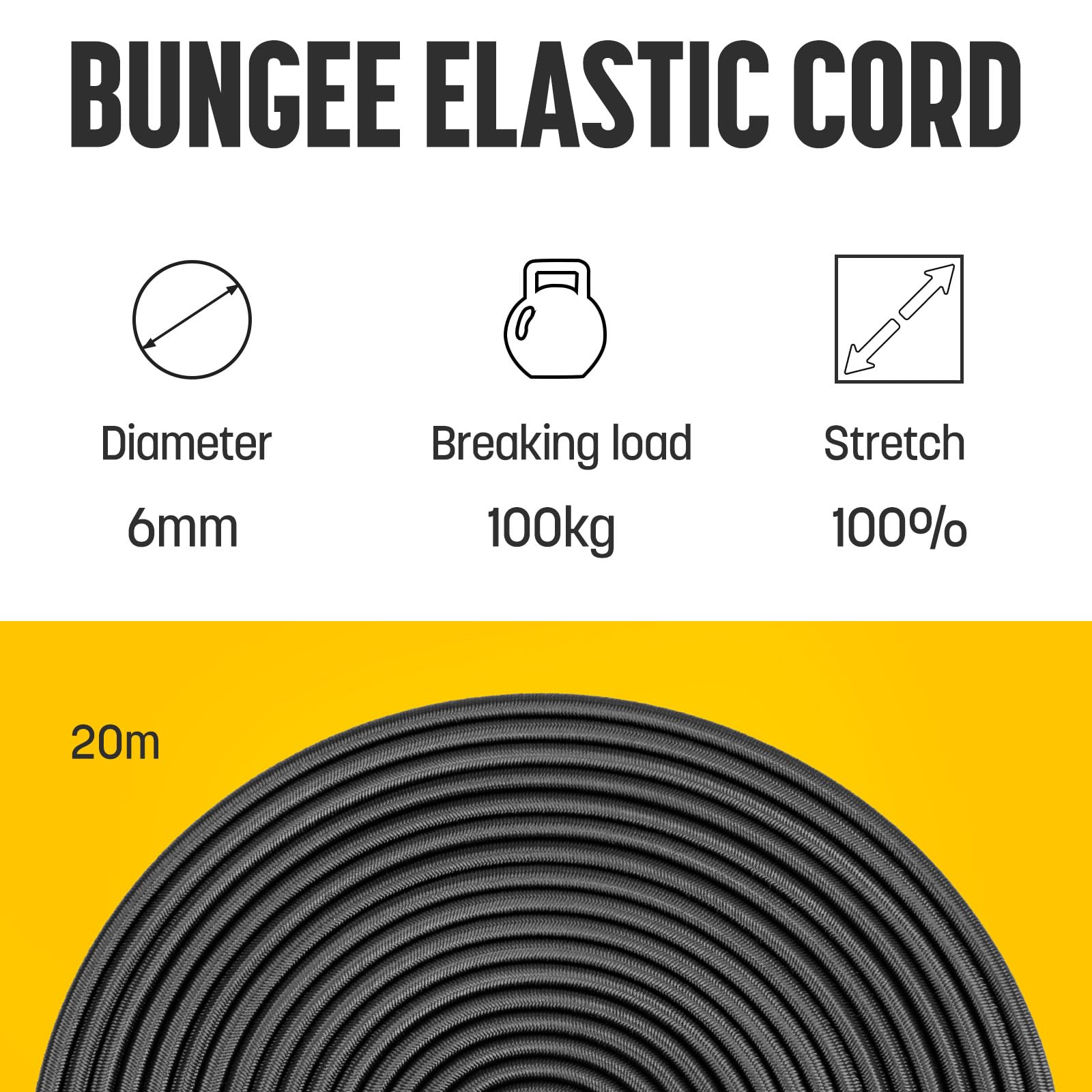 Kamu Synber Bungee Cord 6mm x 20m Elastic Shock Cord Bungee Rope for Tarpaulin Kayak, Tie Down, Camping, Black - Image 2