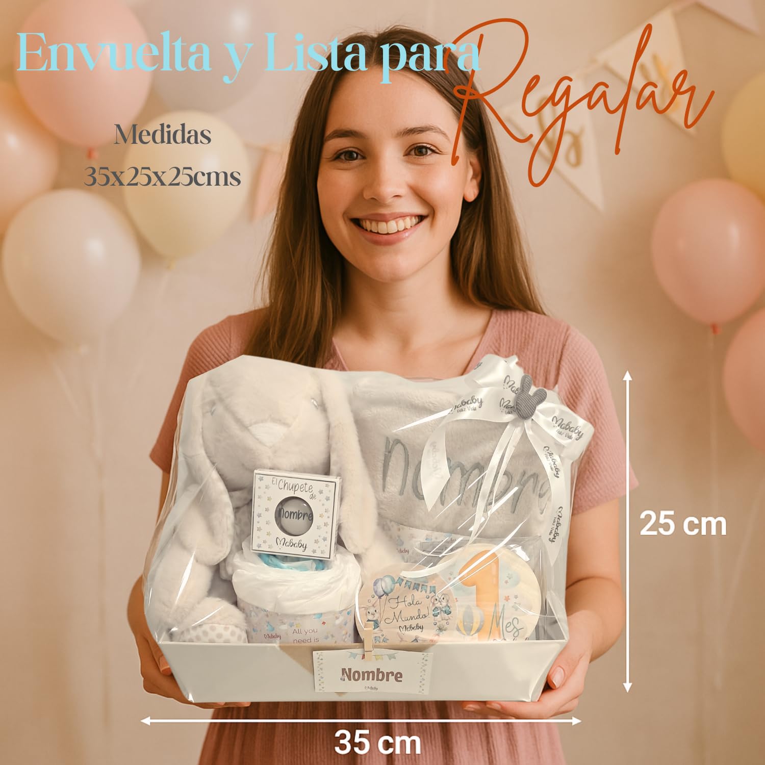 Canastilla Bebé Recién Nacido Mi Peluche Deluxe (Beige) | Canastilla personalizada con manta bordada, peluche conejo, chupete y pinza con nombre, tarta de pañales y cuidados