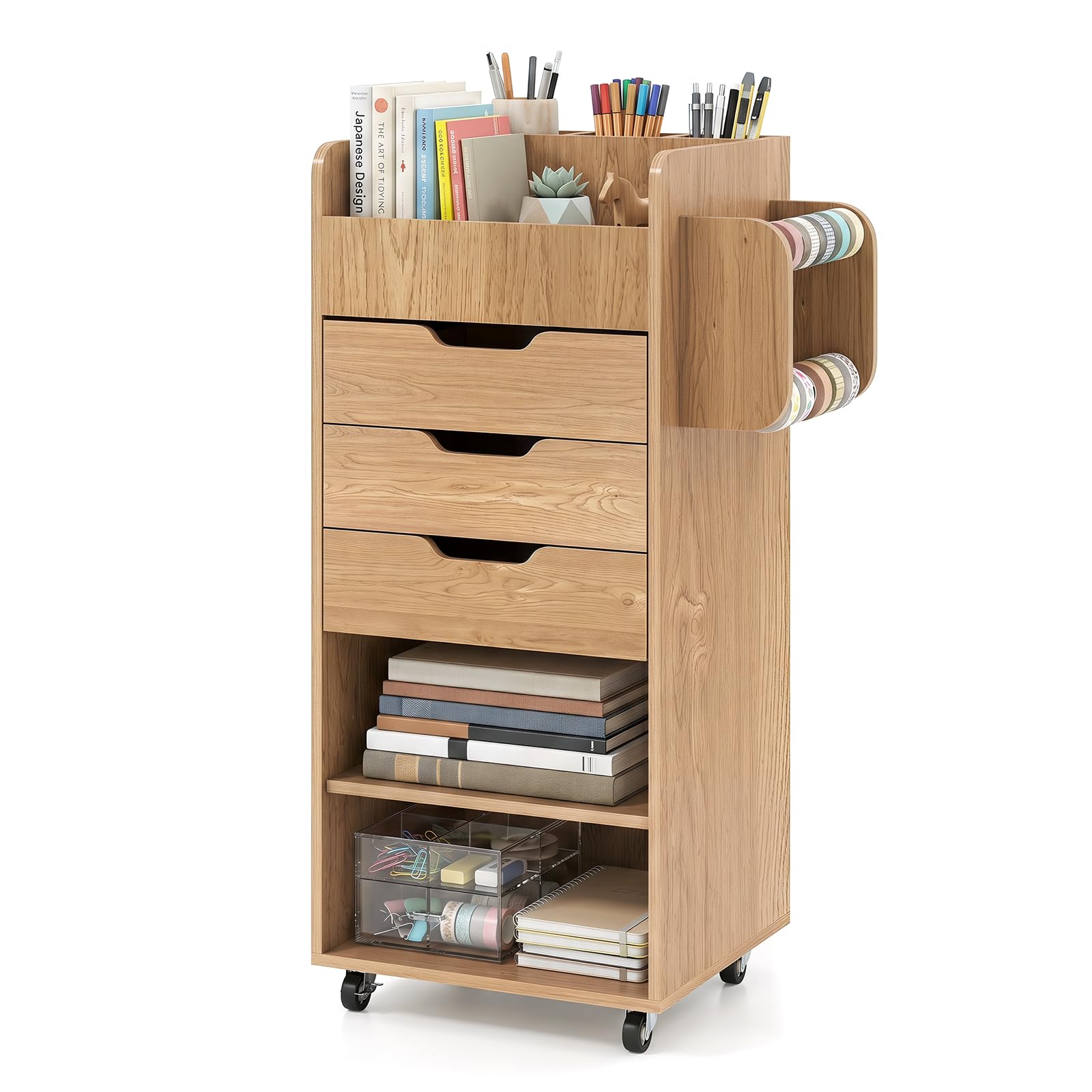 CASART Rolling File Cabinet, Freestanding Storage Cabinet with 3 Drawers, 2 Open Shelves & 2 Hanging Bars, Home Office Lateral Filing Cabinet (Natural)