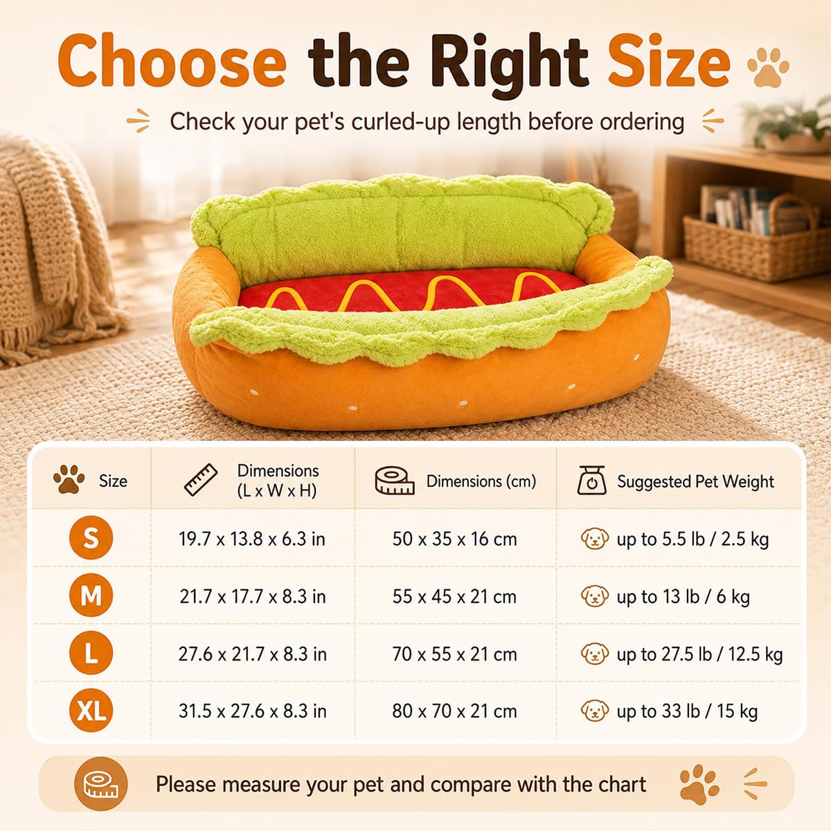 Cuccia a forma di hot dog, cuccia per cani e gatti, lavabile, tappetino rimovibile, base antiscivolo, chiusura lampo, letto per animali domestici rimovibile (M)
