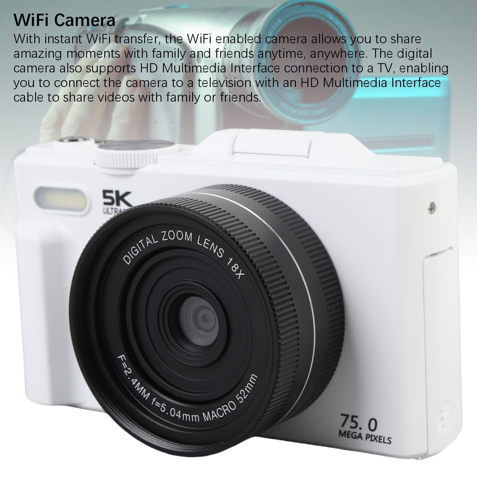 Kamera Cyfrowa 5K, 75MP WiFi Vlogging Aparat z 18x Optycznym Zoom i 3 na Ekranie Flip do Fotografii, YouTube i Travel (WHITE)