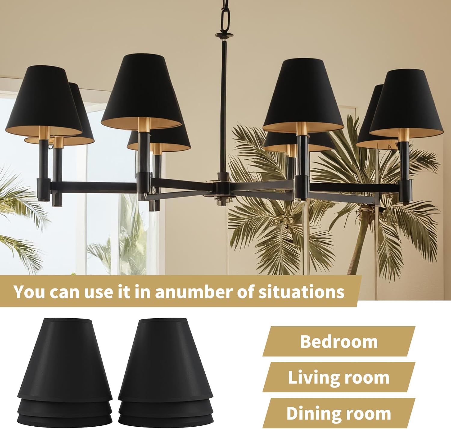 Clip On Lamp Shade - Black Outside Gold Inside Drum Shade for Chandelier, Table Lamp Cover Replacement, 3" X 6" X 5", Set of 6