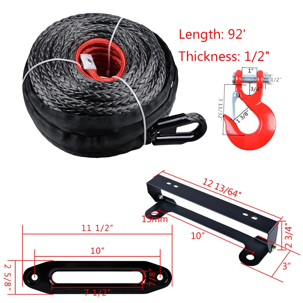 amopacorp Set 92 feet 1/2 inch Recovery Synthetic Winch Rope with RED Hook and 10 inch Anodized Black CNC Machine Aluminum Hawse Fairlead with 254mm Flip-Up License Plate Holder Kit