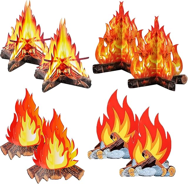 mengger 8Pcs 3D Decorative Cardboard Campfire Centerpiece Artificial 12 Inch Tall Artificial Fire Fake Flame Paper Party Decorative Flame Torch Campfire Centerpiece for Party Decorations