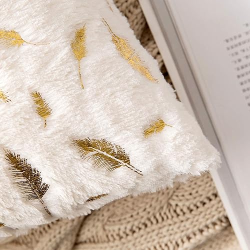 Miniatura 3 de MIULEE - Paquete de 2fundas decorativas de pelo sintético para cojín, de felpa, con plumas y hojas doradas, lindas, suaves y mullidas, para sofá y