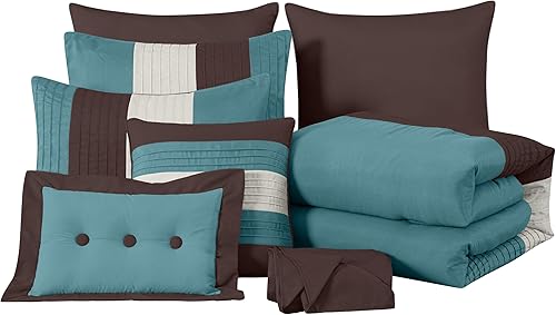 Miniatura 9 de Chezmoi Collection Loft - Juego de edredón de lujo a rayas de 8 piezas (tamaño California King, azulbeigemarrón chocolate)