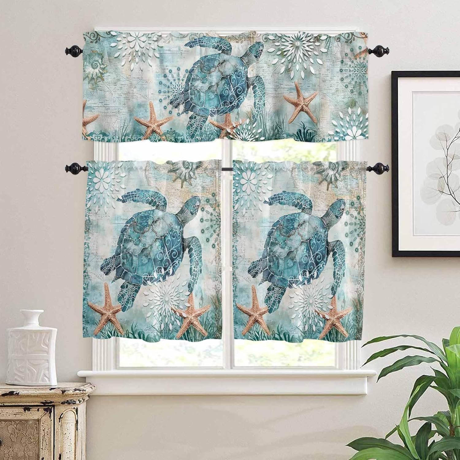 Coastal Sea Turtle Kitchen Curtains Sets for Windows 24 Inch Length, Teal Summer Beach Rod Pocket Window Treatments, Nautical Starfish Tier Curtains and Valances Set for Bedroom/Bathroom