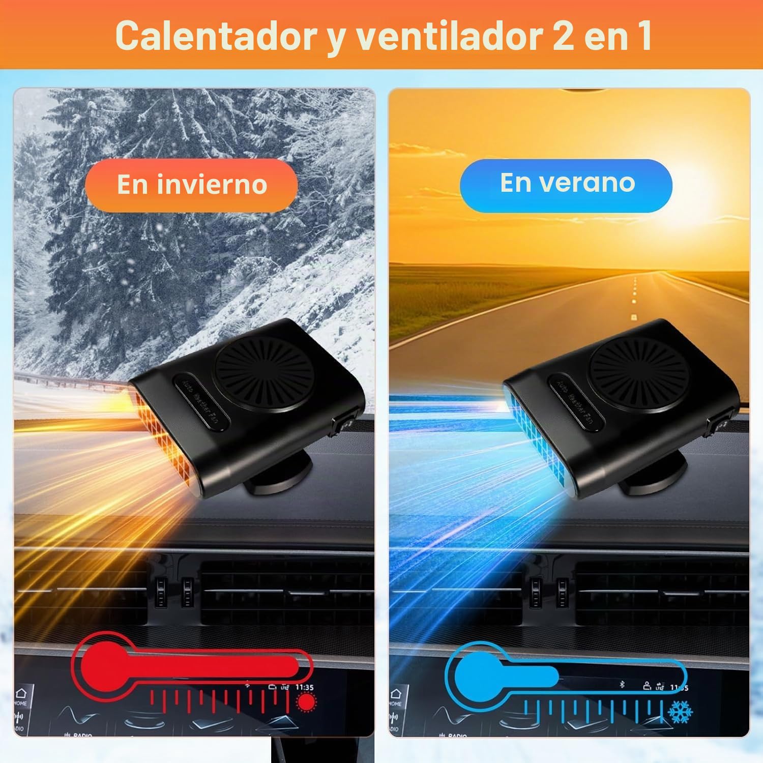 Calentador para Coche, Ventilador de calefacción y refrigeración rápida 2 en 1, desempañador de Parabrisas con Enchufe para Encendedor de Cigarrillos, Calentador portátil para Coche de 200W