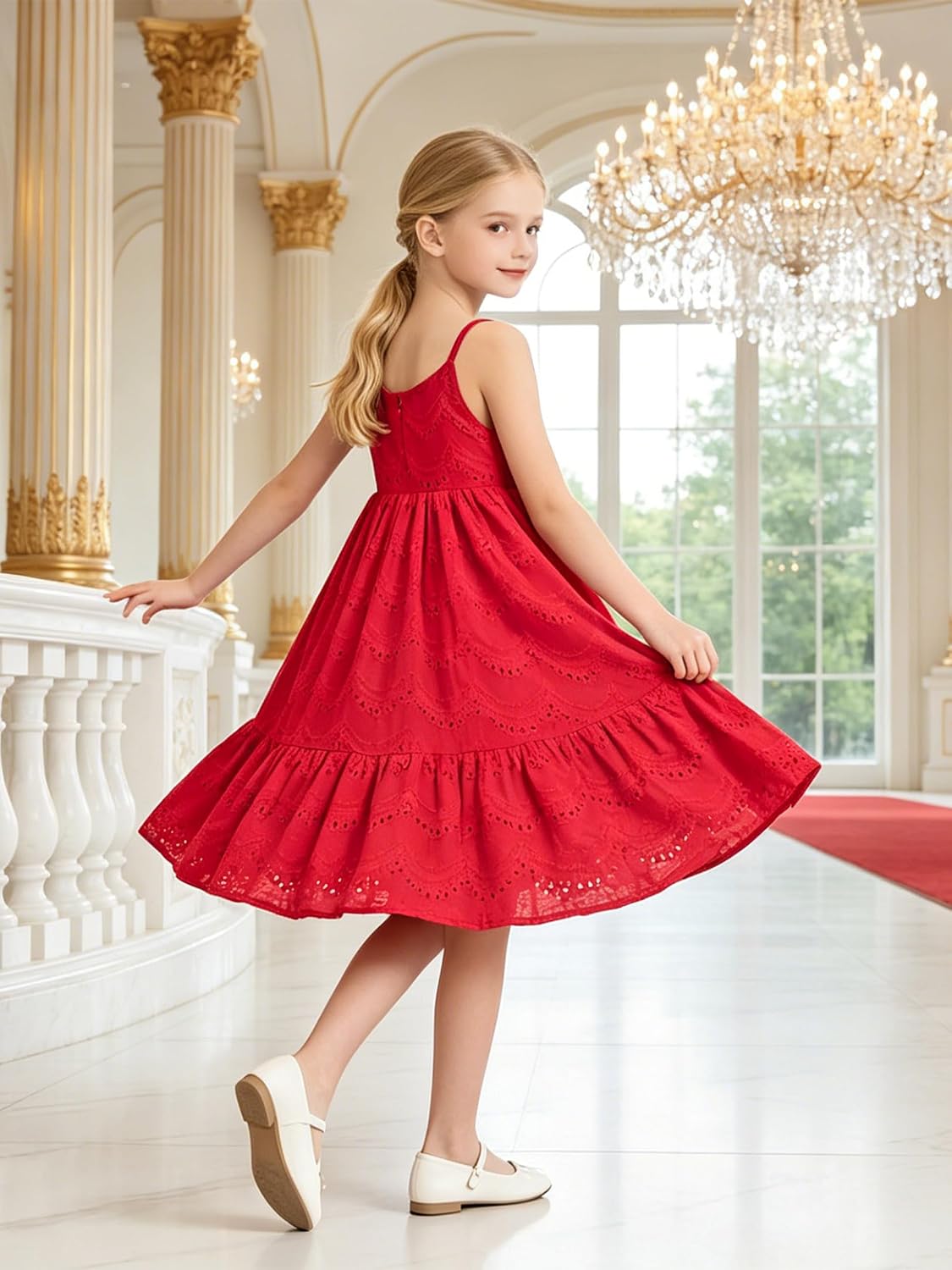 Girls Dresses Eyelet Lace Dress Spaghetti Strap Sundress Ruffle Casual Party Dress for Toddler 4-10Y