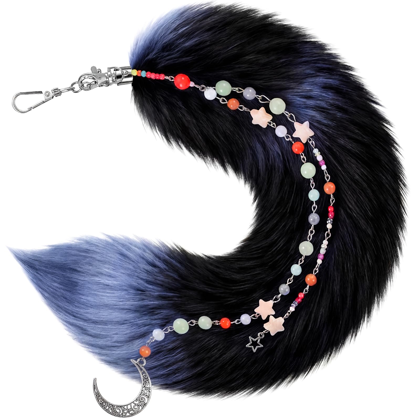 Nosiny 11.8 Inch Fluffy Therian Fox Tail Keychain and Beaded Pendant Keychain for Cosplay Costume Keyring Bag Accessory - Black Fox Color