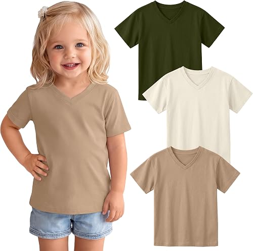 LessonZoo 3 Pcs Toddler Girls' V Neck Plain T-Shirts, 3-Color, 4t