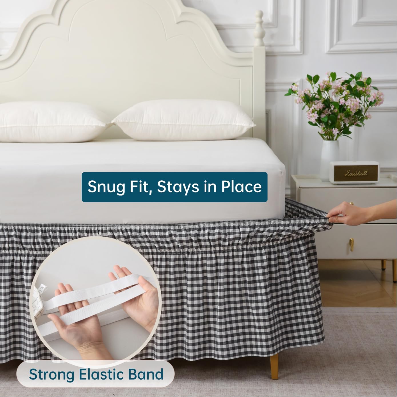 Wrap Around King/Cal King Bed Skirt 16" Drop, Black & White Gingham, 100% Washed Cotton, No-Lift Easy Install, Non-Slip Straps, Farmhouse Style