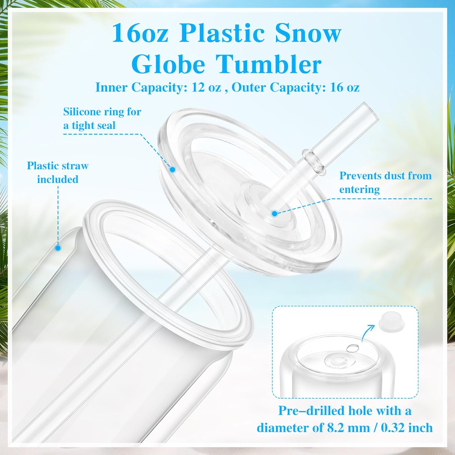 8 pack 16 Oz Plastic Snow Globe Tumbler, Double Wall Clear Snowglobe Tumbler With Pre Drilled Hole, With Elbow Irrigator, 250ml Squeeze Bottle, Tweezer, And Two Funnels For Snow Globe Glitter Diy