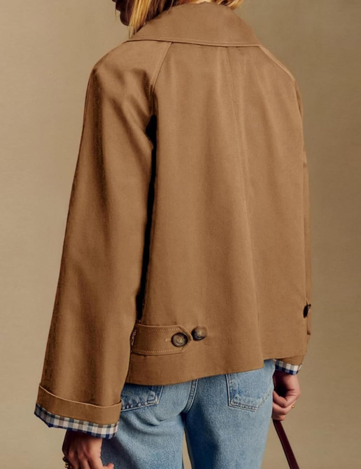 Womens Short Plaid Trench Coat Lapel Button Down Jacket with Pocket - Image 5