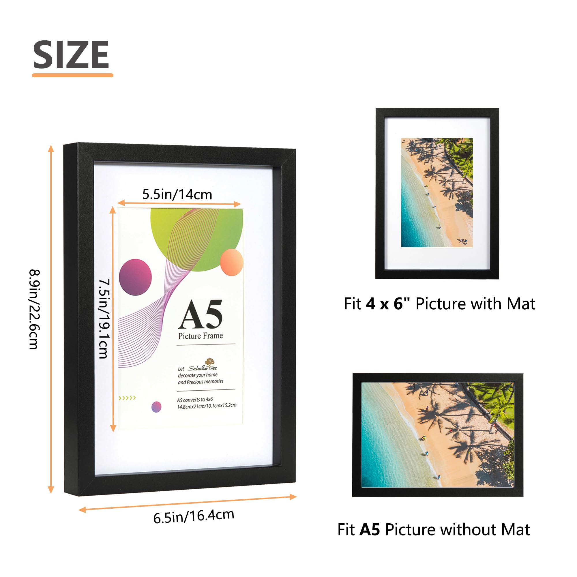 Scholar Tree A5 Frame, 1 Pack A5 Black Frame, Black Picture Frames 21 X 14.8 cm, Wooden Photo Frames with 6x4 Mount - Image 3