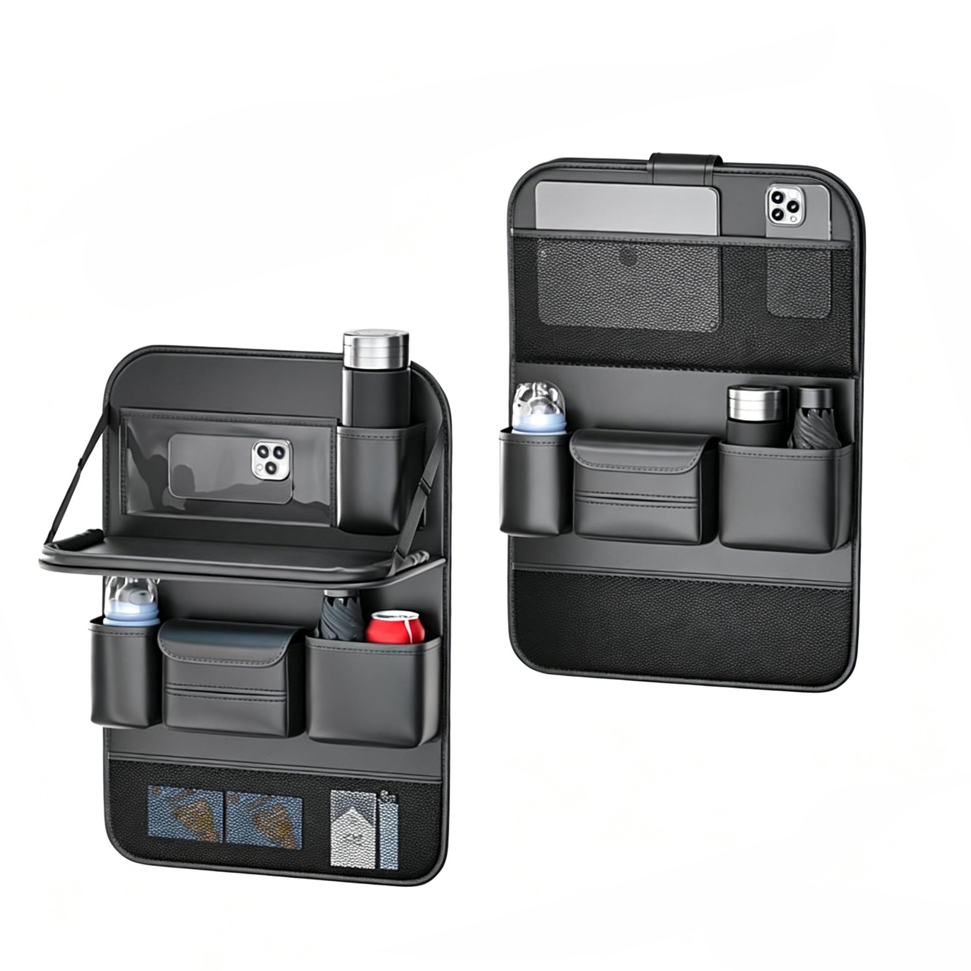 Organiseur de siege de voiture cuir avec support tablette et plusieurs compartiments de rangement
