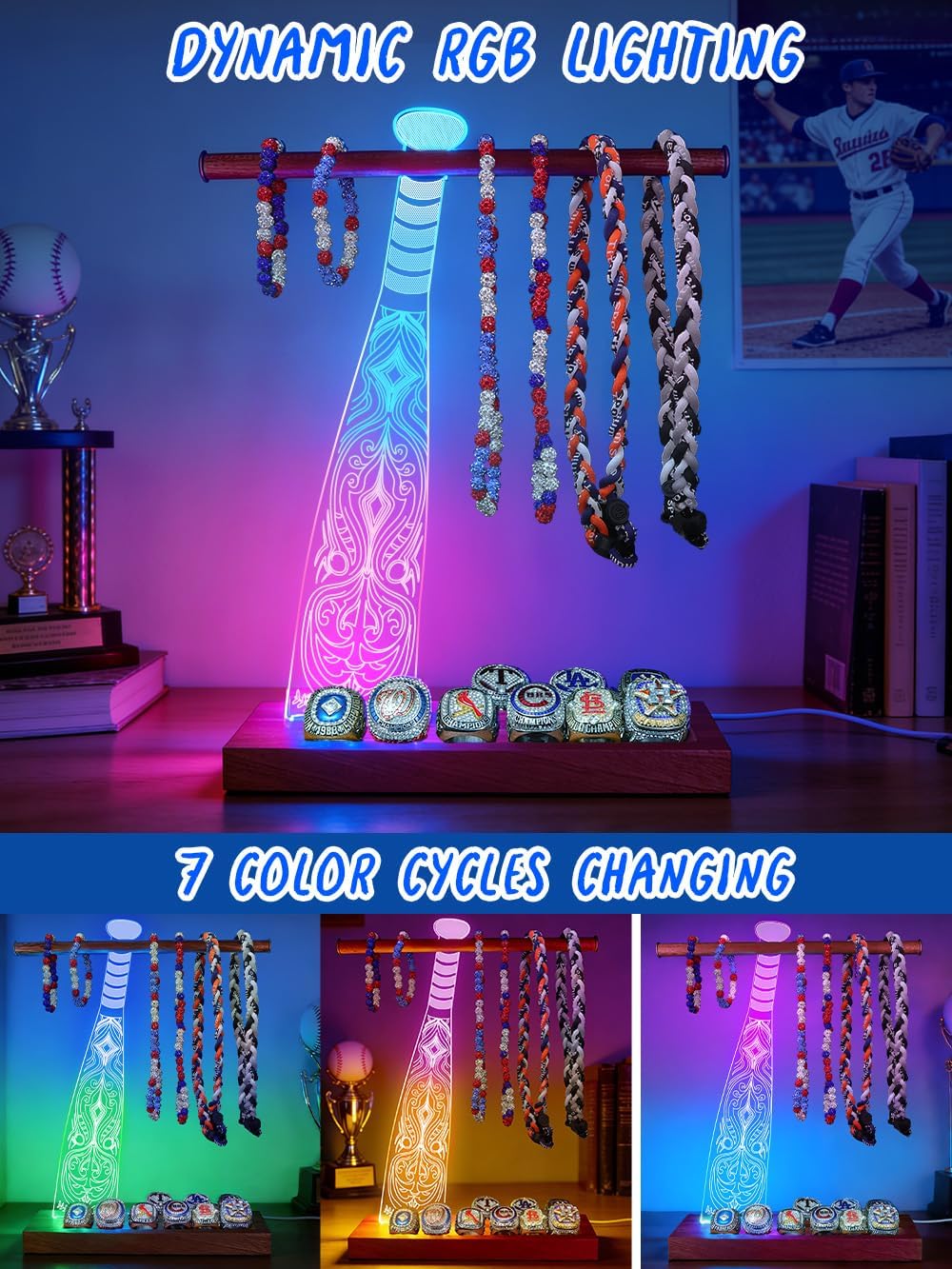CoolGift Mart Light up Baseball Necklace Hanger and Championship Ring Display Stand, Acrylic Wooden LED Night Lamp with USB Powered, Gift for Baseball Softball Players Lovers image 5