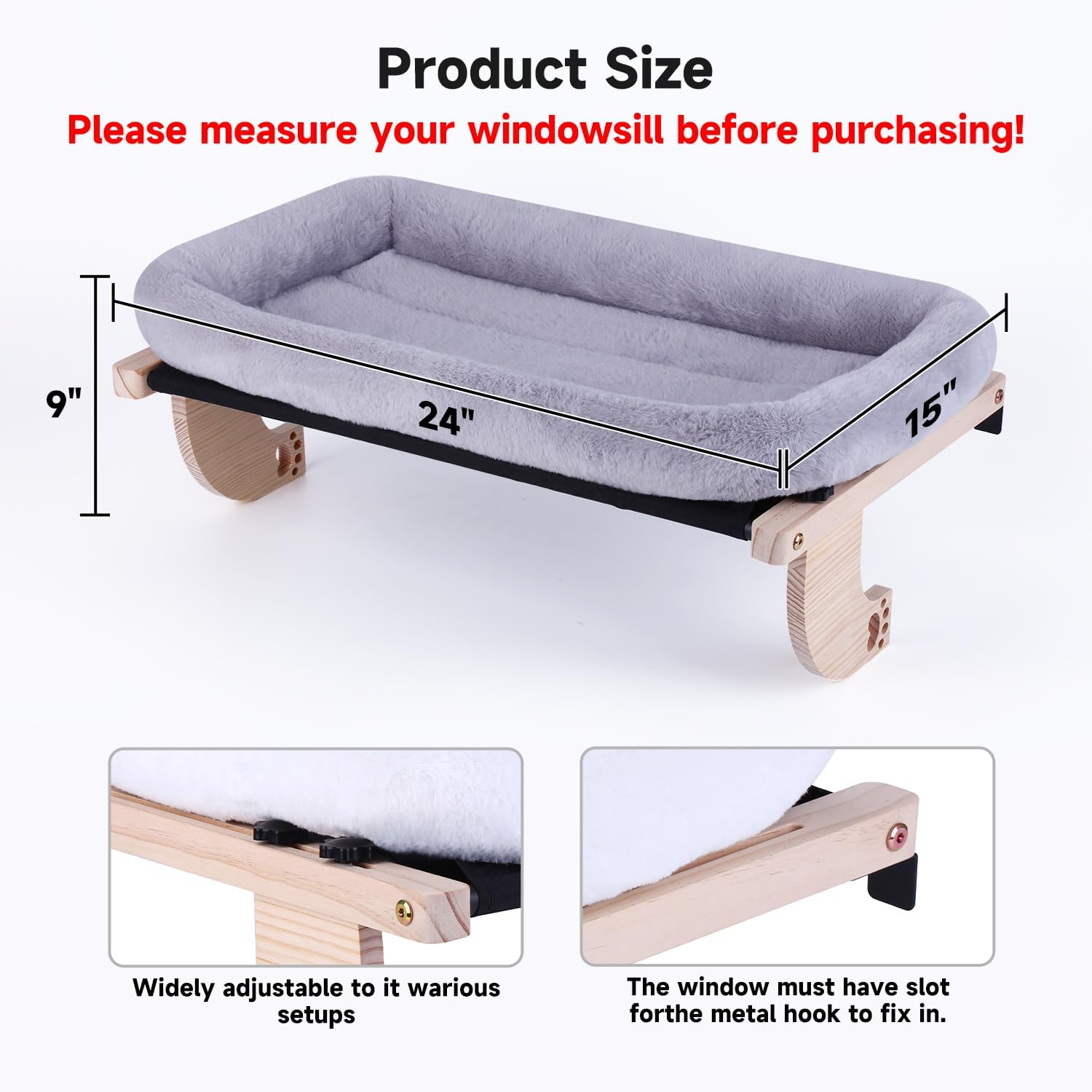 Cat Window Perch Hammock Wall Shelves Beds for Indoor Cats Supplies Design Robust Metal Frame Seat Large Cats and Kittens Pets Natural Wood, 24''L Easy to Adjust Windowsill, Bedside (White)
