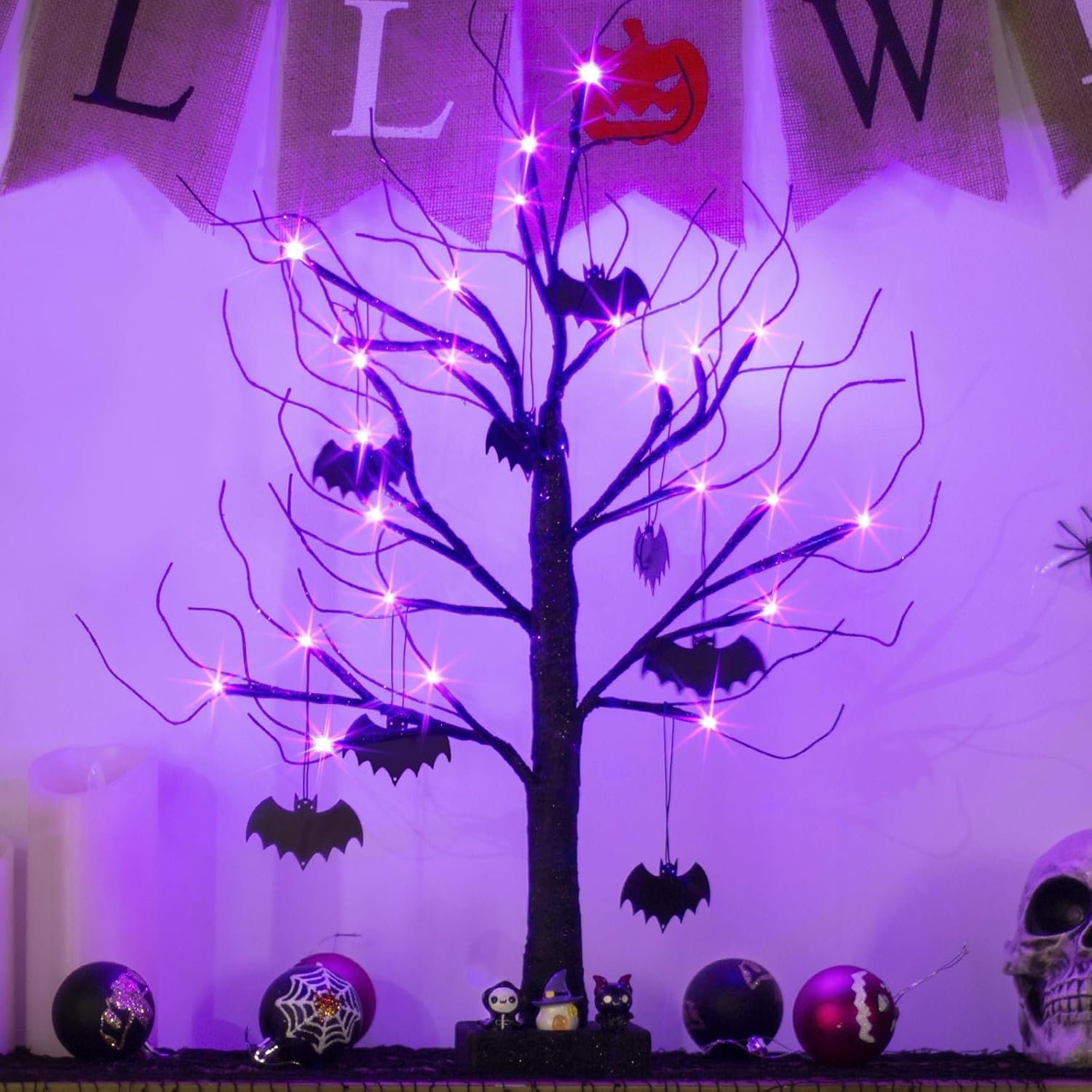 2-Pack Halloween Trees With Purple LED Lights - 18IN Black Spooky Trees With Bat Ornaments