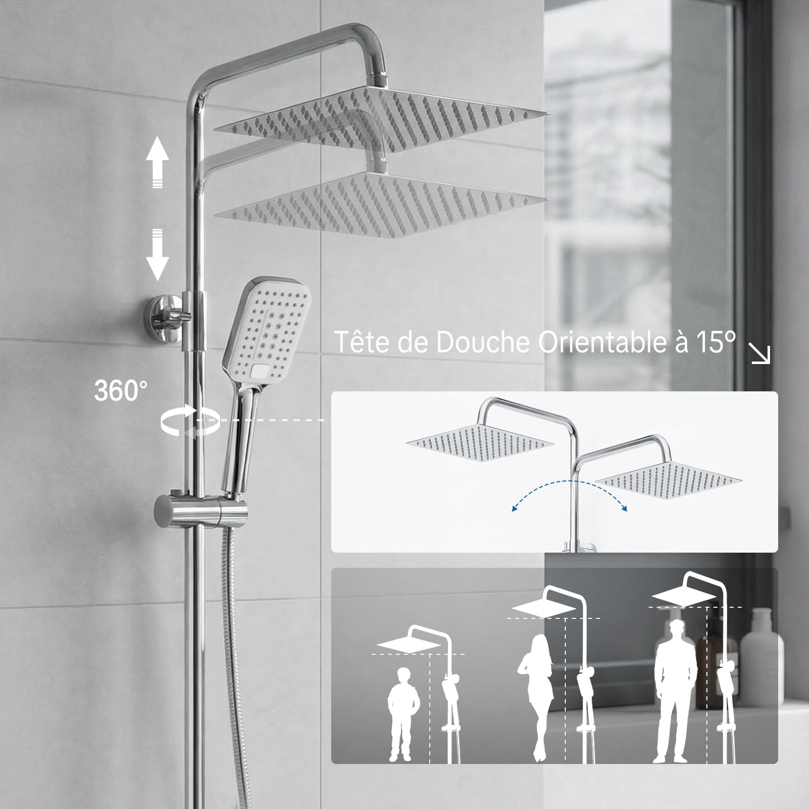 OFFO Colonne de Douche sans Mitigeur, Inox Pommeau de Douche Pluie 20x20 cm, Barre Réglable 86-120 cm, Flexible 1,6 m, Chrome