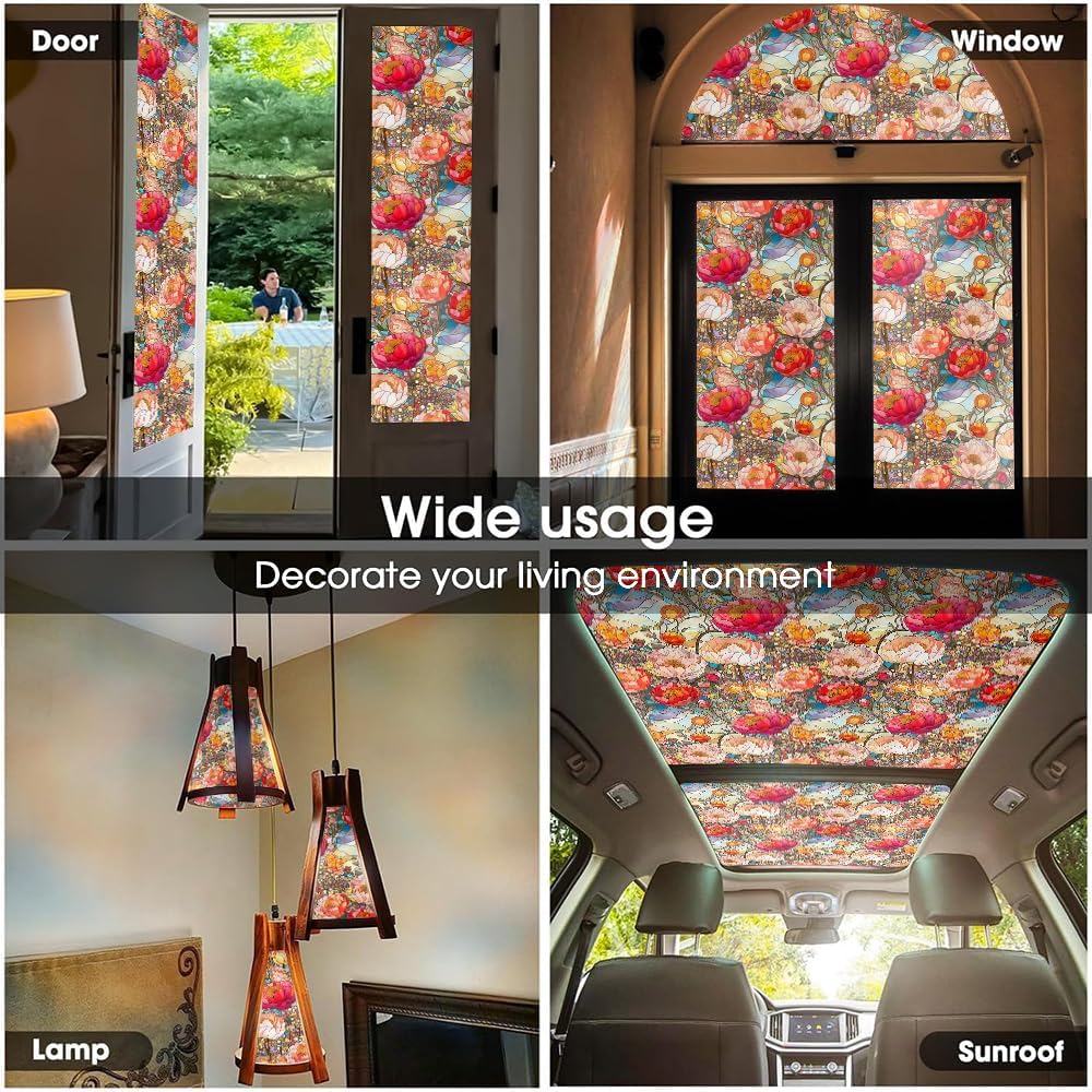REDAMANCY 16"x118 Colorful Stained Glass Floral Window Films Decorative Window Privacy Tinting Film Self-Adhesive Static Glass Window Clings Stickers