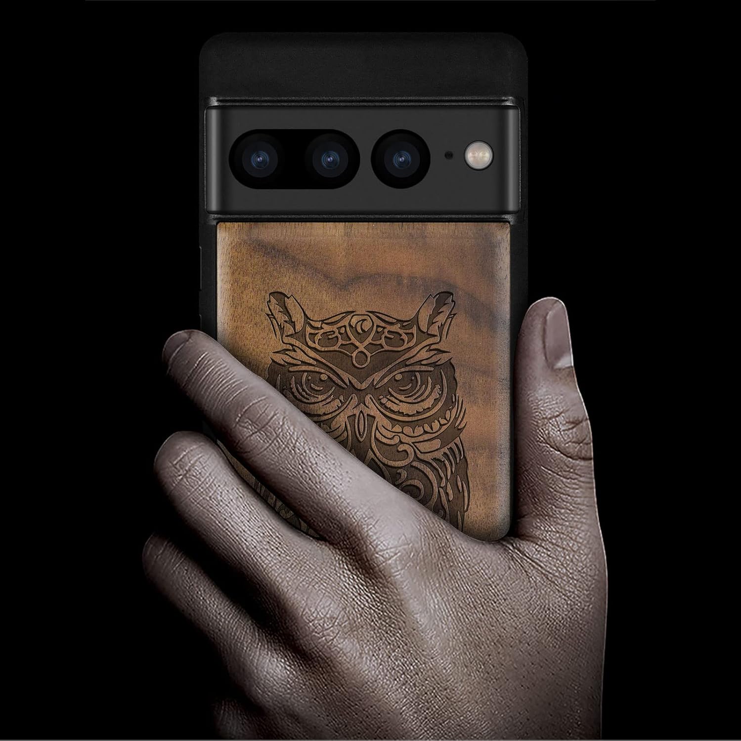 Carveit Wood Case for Pixel 7 Pro Case [Natural Wood & Black Soft TPU] Shockproof Protective Unique Wooden Cover Compatible with Google Pixel 7 Pro (Owl Sitting on Branch-Walnut)