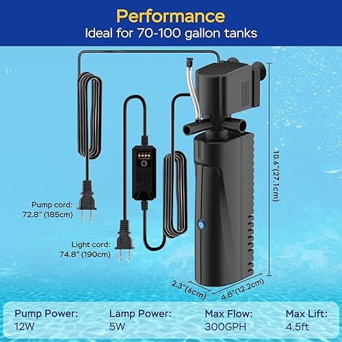 Miniatura 7 de Filtro de acuario para tanque de 70 a 100 galones, máquina limpia verde para tanque de peces U-V, potente filtro de bomba sumergible de 300 GPH para