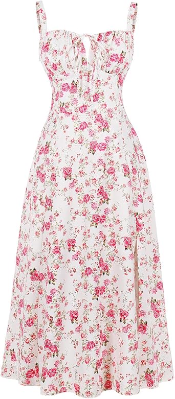Women Floral Corset Dress 2026 Boho Midi Sundress Summer Dress | Flowy A-Line Dress with Adjustable Spaghetti Straps Lace Up Back Front Slit High Waist for Vacation Wedding Guest