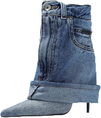 Womens Fold Over Denim Boots Pointed Toe Zipper Cowboy Buckle Stilettos Ankle Boots Fashion Dress High Heels Booties