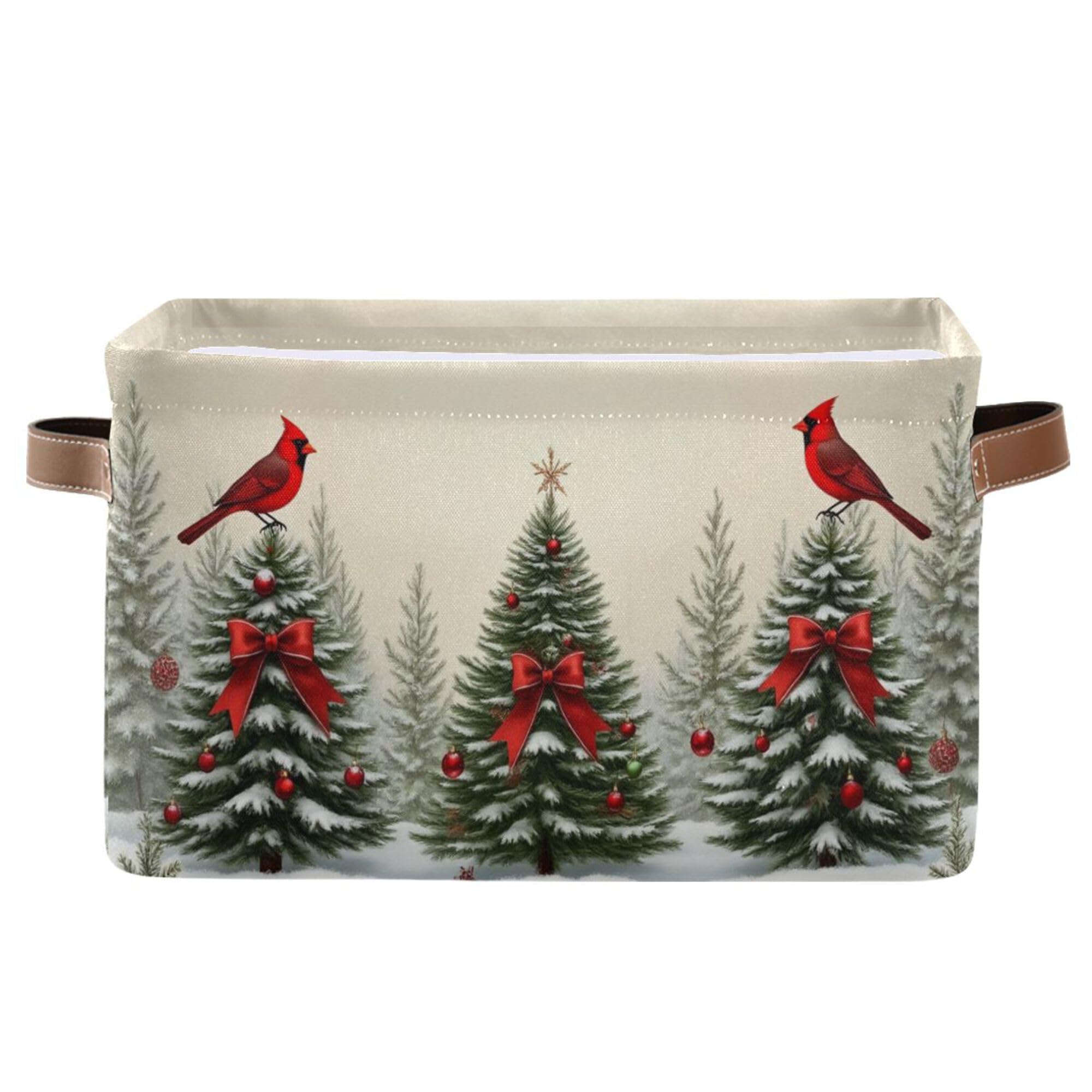 Christmas Tree Cardinals Birds Storage Basket with Waterproof Liner and PU Handles Winter Xmas Tree Bow Storage Bins Boxes 14.2" Collapsible Decorative Organizer Baskets for Bedroom Office 1 Pack