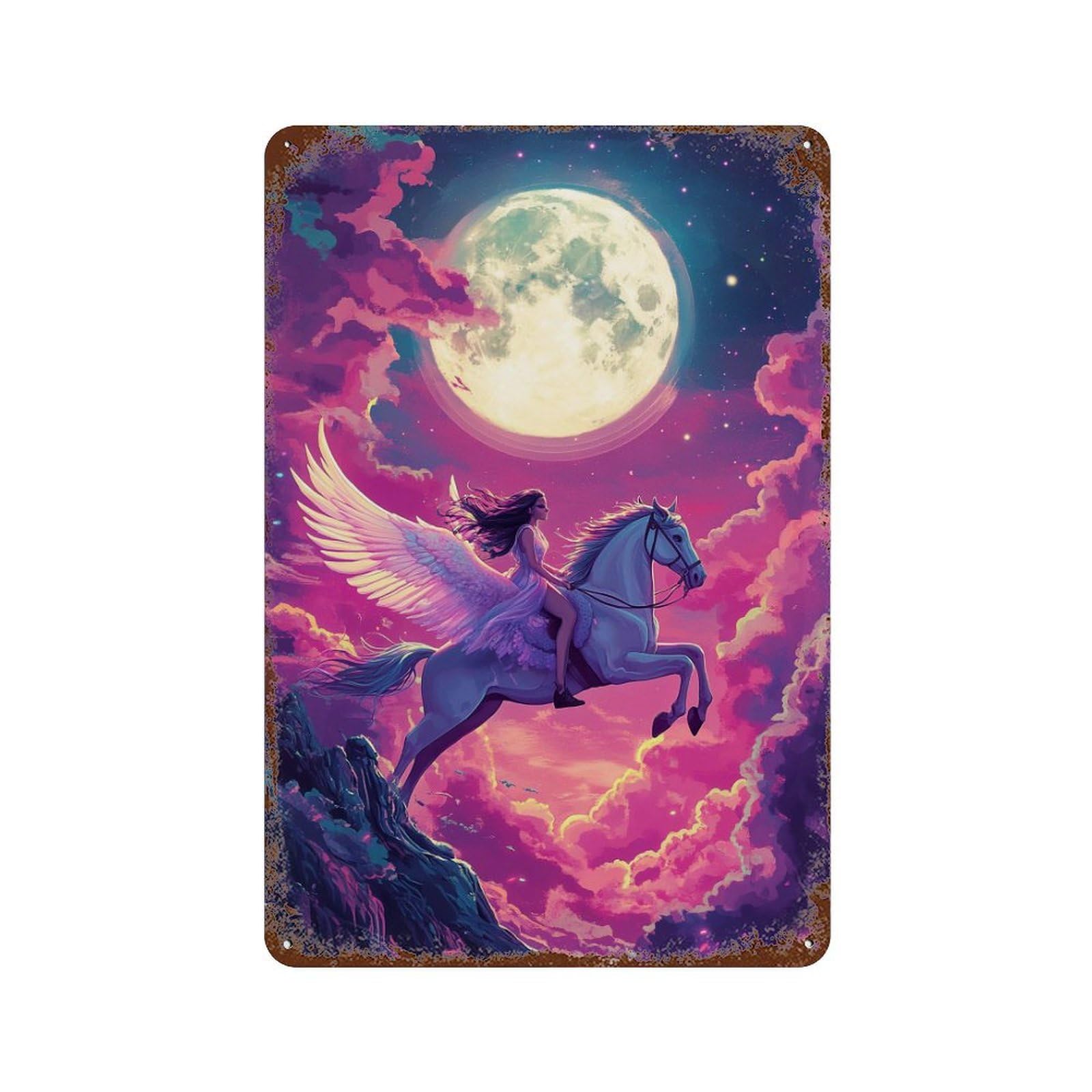 Garage Style Pegasus Ride Under Moonlit Sky Aged Metal Wall Plaque 11.8"x7.9", Novelty Wall Decor for Bar And Workshop