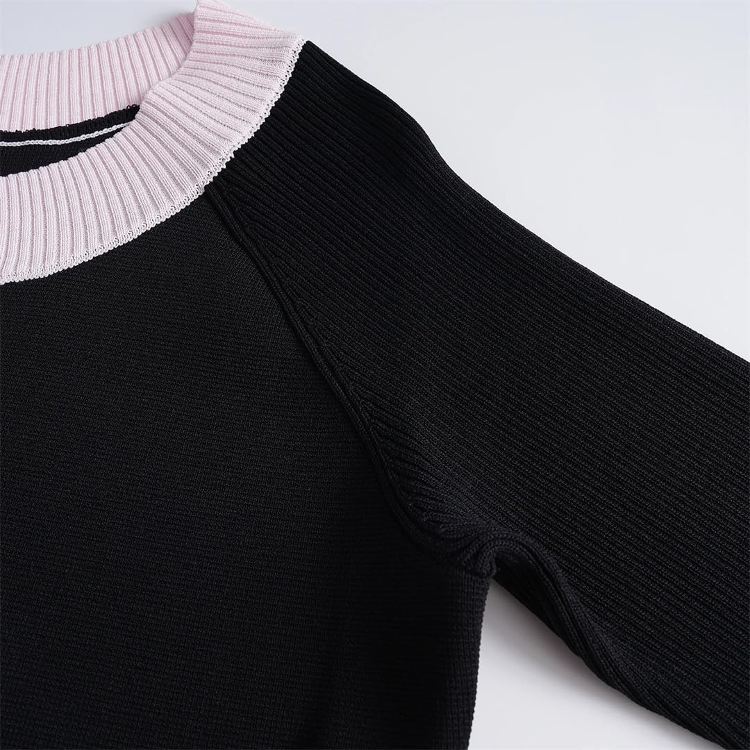 Vestido corto de punto para mujer, manga larga, ajustado, ajustado, para fiesta, color en contraste