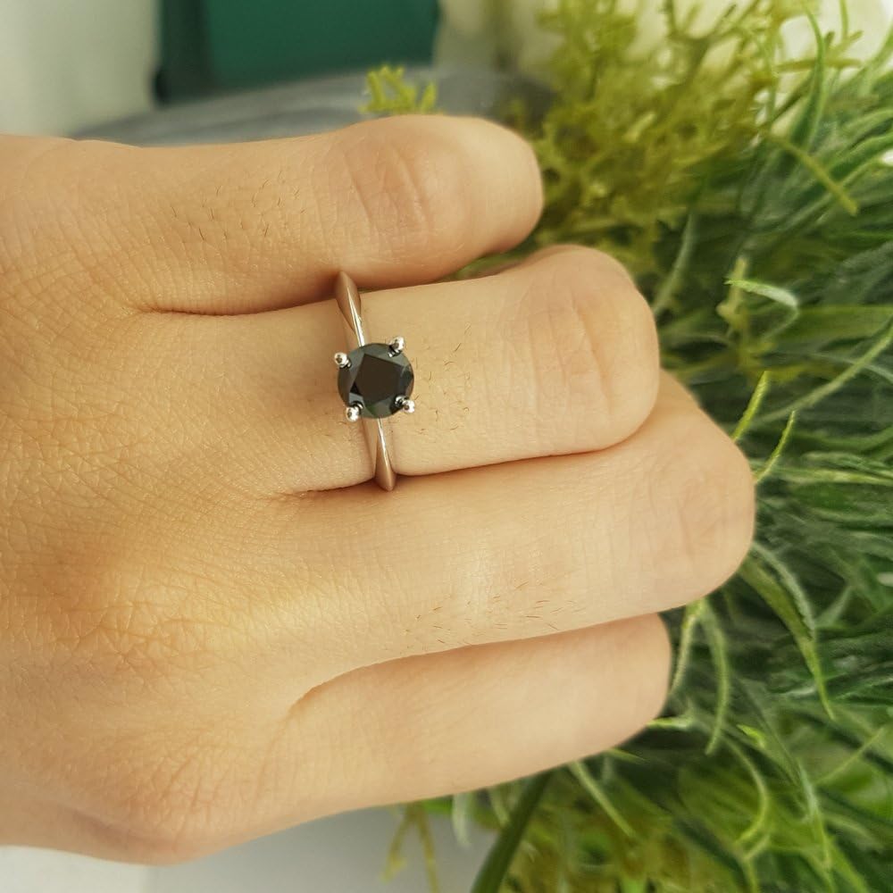 Dazzlingrock Collection Round Black Natural Diamond Women Bridal Engagement Solitaire Ring, 10K White Real Solid Gold