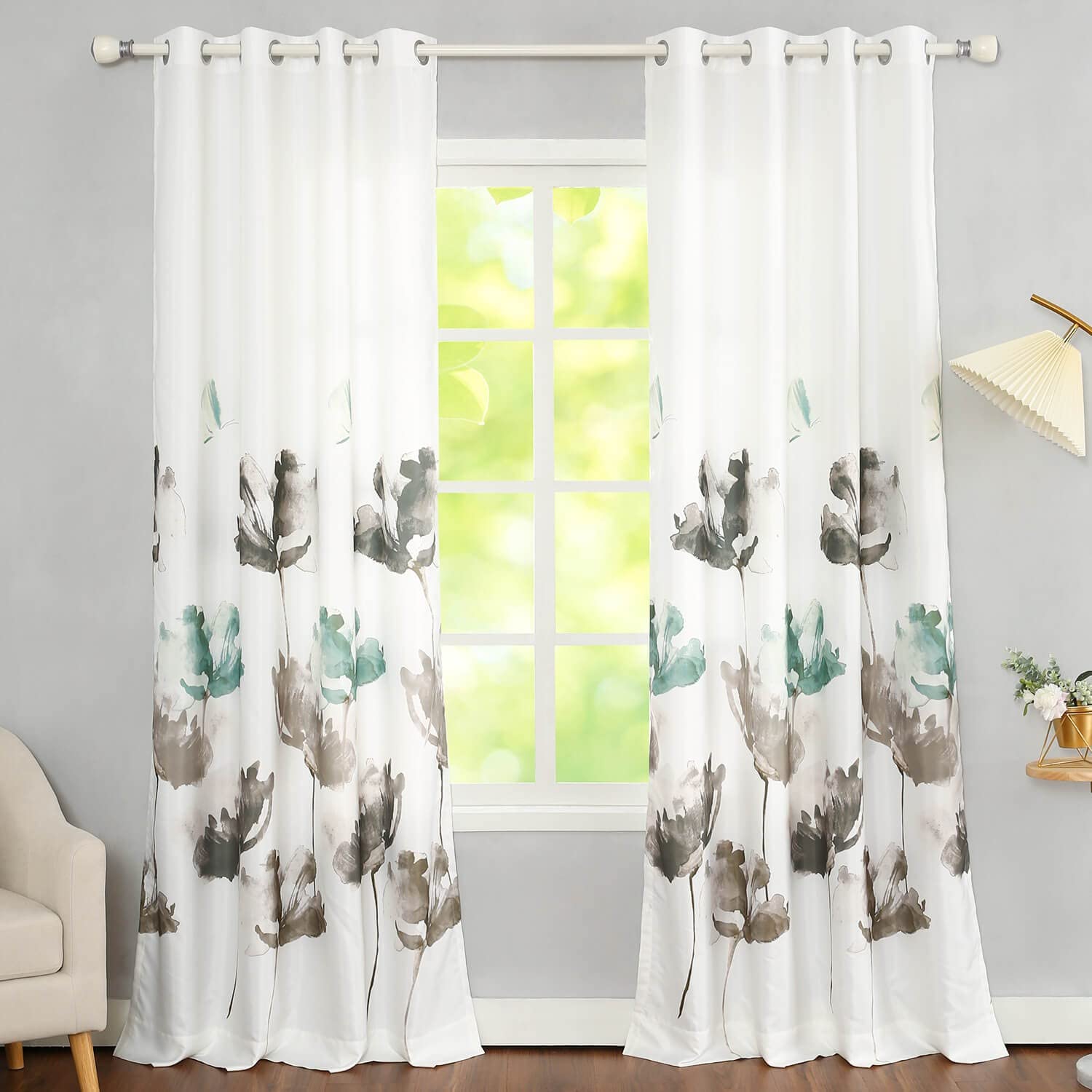 VOGOLSemi Sheer Floral Curtains for Living Room, 2 Panel Watercolor Lotus Blossom Printed Drapes for Bedroom Glass Window, 52 x 96 Inches, Teal and Grey